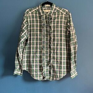 Vintage 80s Plaid Ruffle Blouse Women's Size 8 John Henry Cotton Blue Green Twee